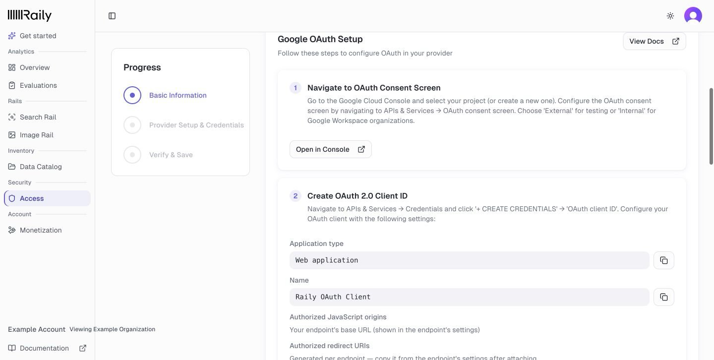 Google OAuth setup instructions with the consent screen and OAuth client application settings
