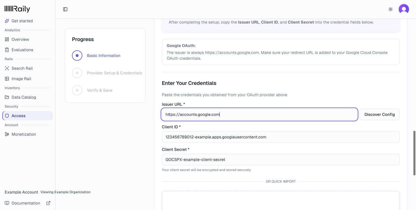 Google provider credentials with the issuer URL, client ID, client secret, and Discover Config button