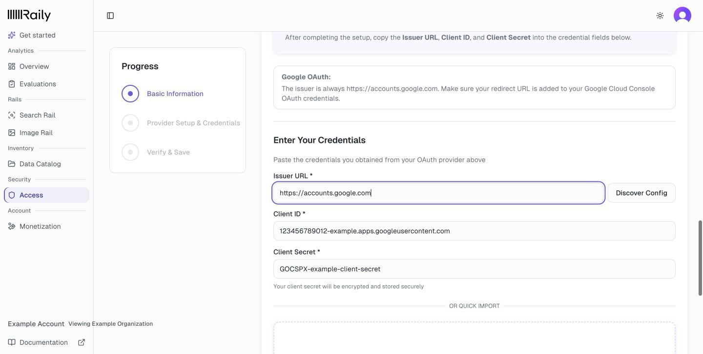 Google provider credentials with the issuer URL, client ID, client secret, and Discover Config button