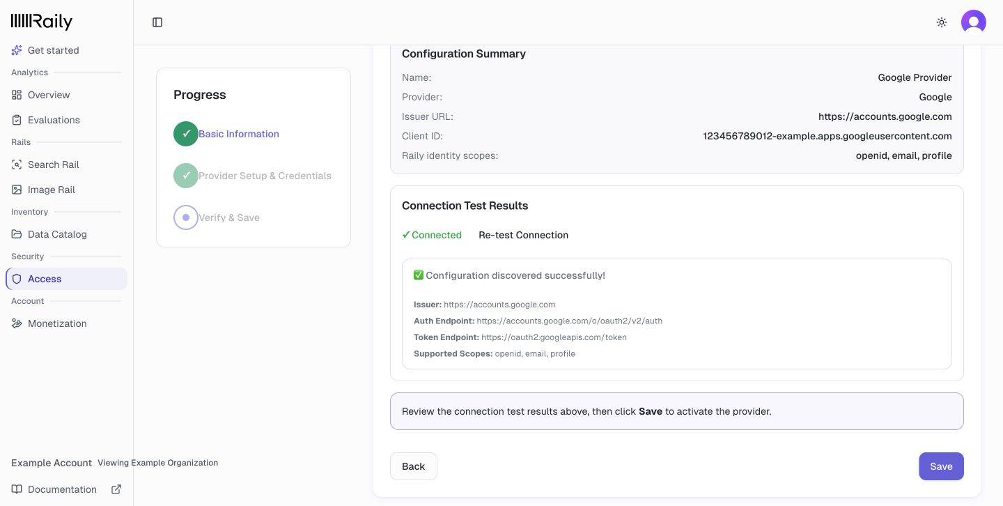 Verify and Save showing the issuer, authorization endpoint, token endpoint, and a successful configuration discovery