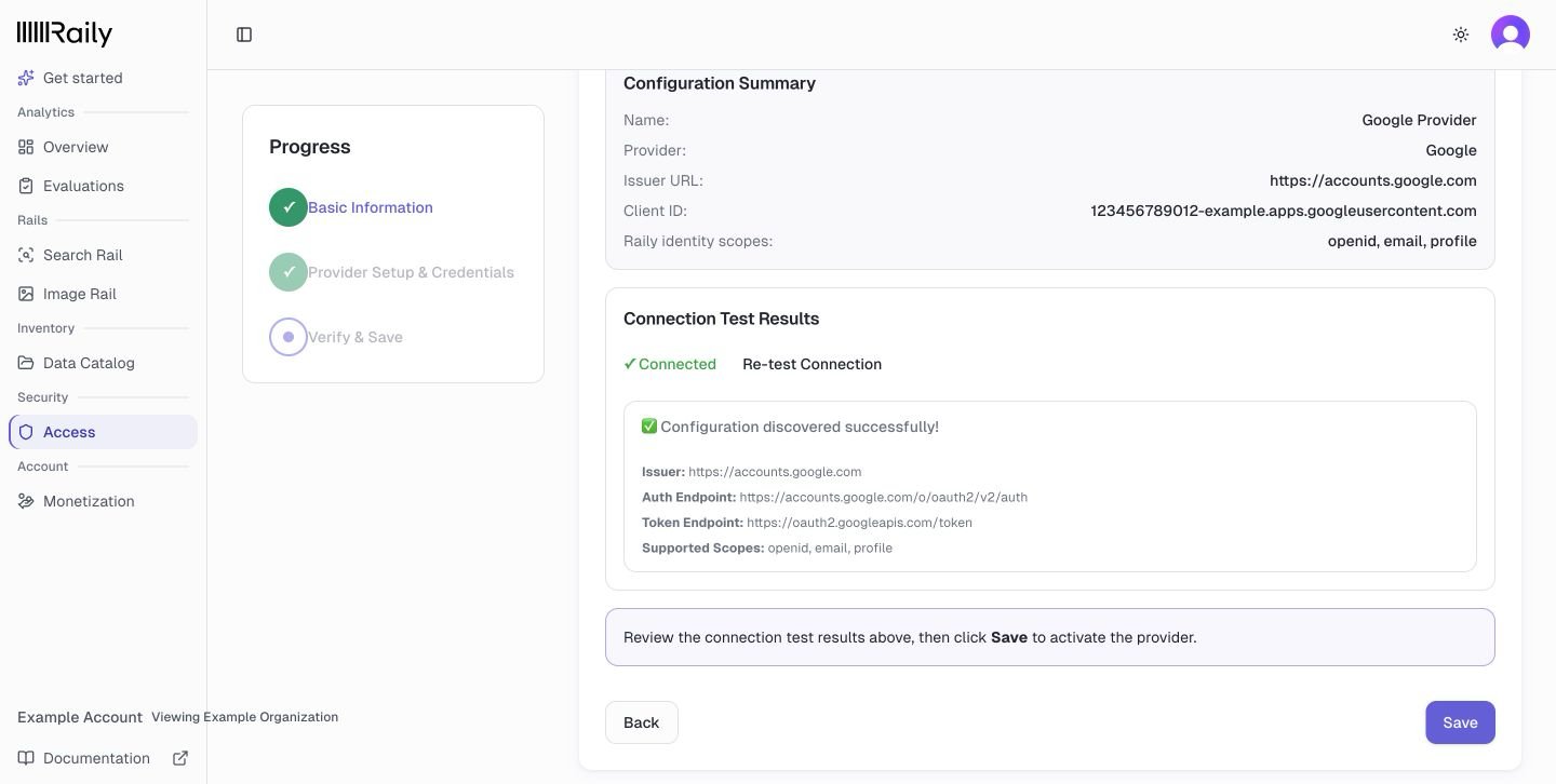 Verify and Save showing the issuer, authorization endpoint, token endpoint, and a successful configuration discovery