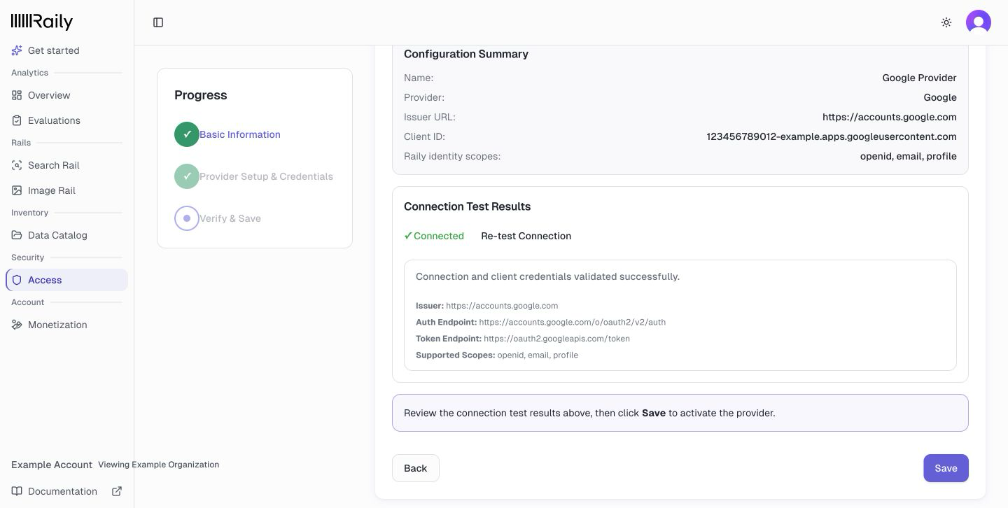 Verify and Save showing a successful Connected test for a Google provider