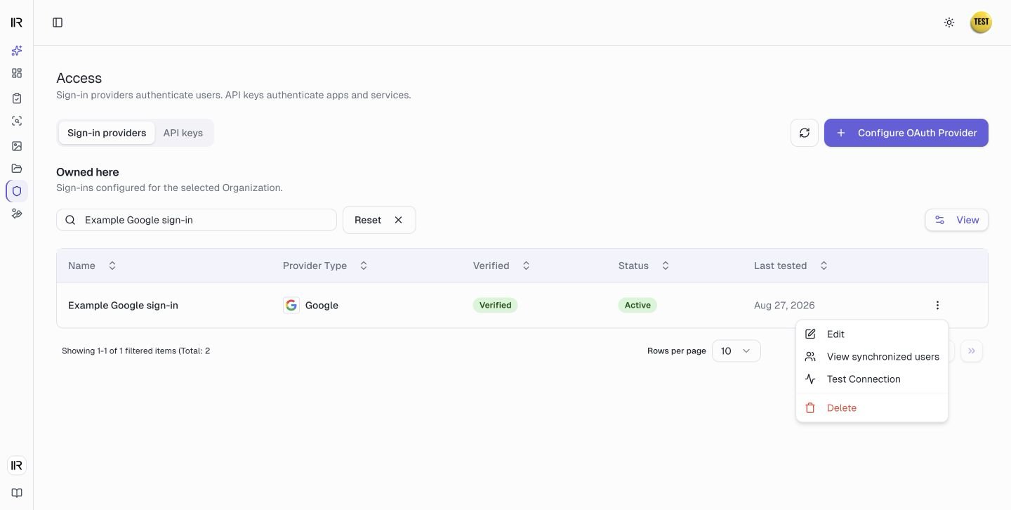 A verified and active Google provider with its row menu open, showing Test Connection