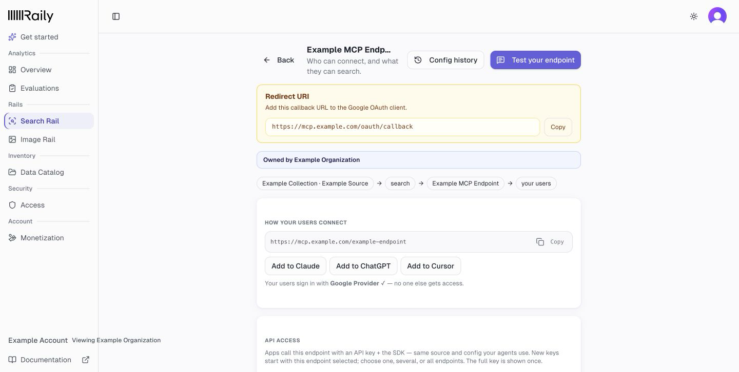 An endpoint page with Google Provider selected and the Redirect URI to register