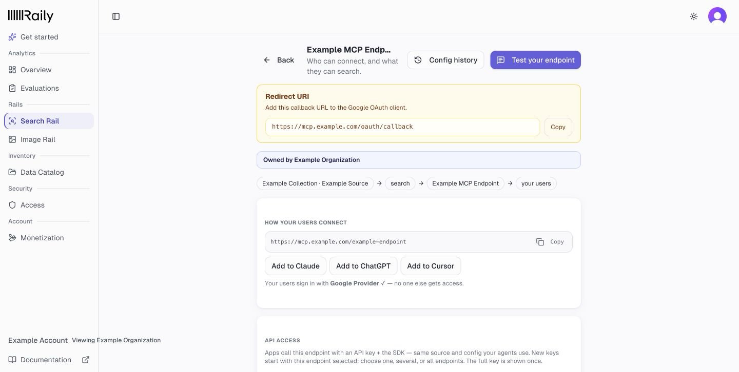 An endpoint page with Google Provider selected and the Redirect URI to register