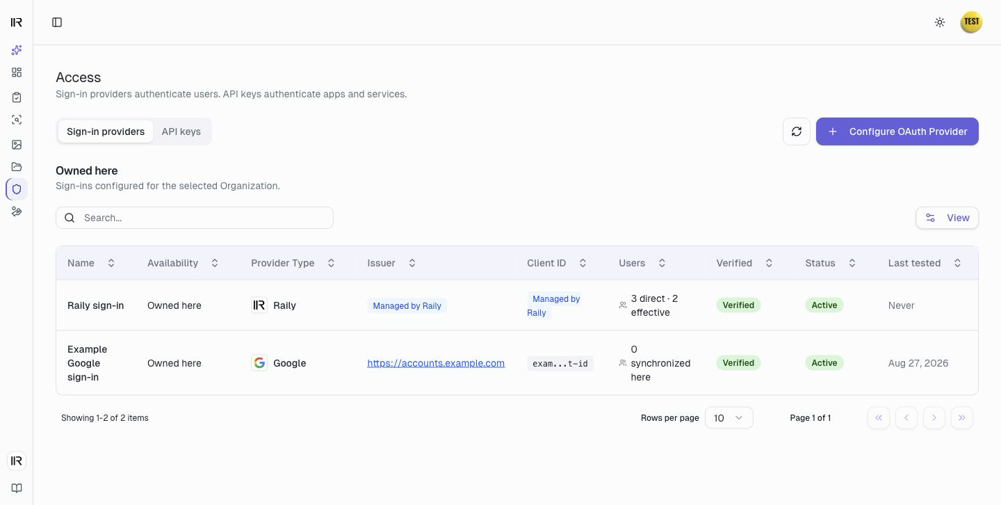 The Access page, with the Sign-in providers and API keys tabs and a list of providers showing each one's type