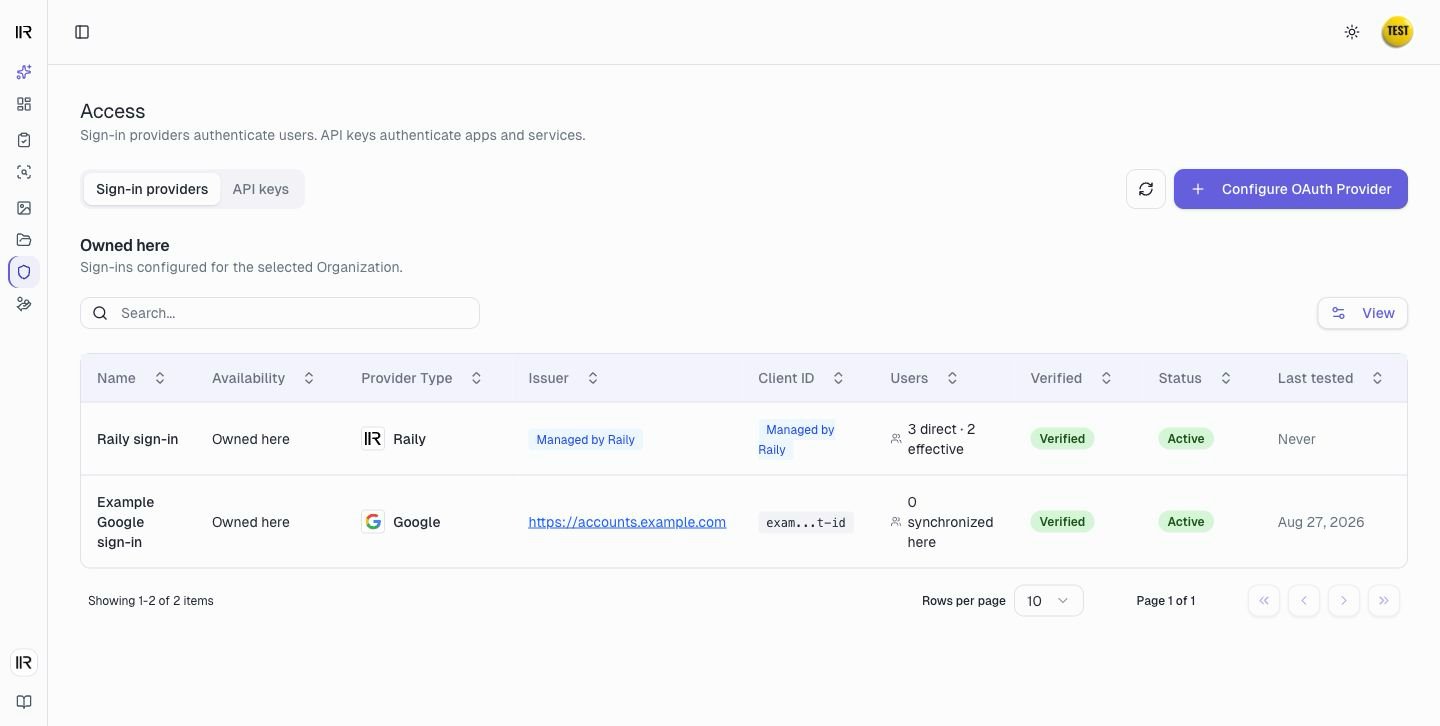 The Access page, with the Sign-in providers and API keys tabs and a list of providers showing each one's type