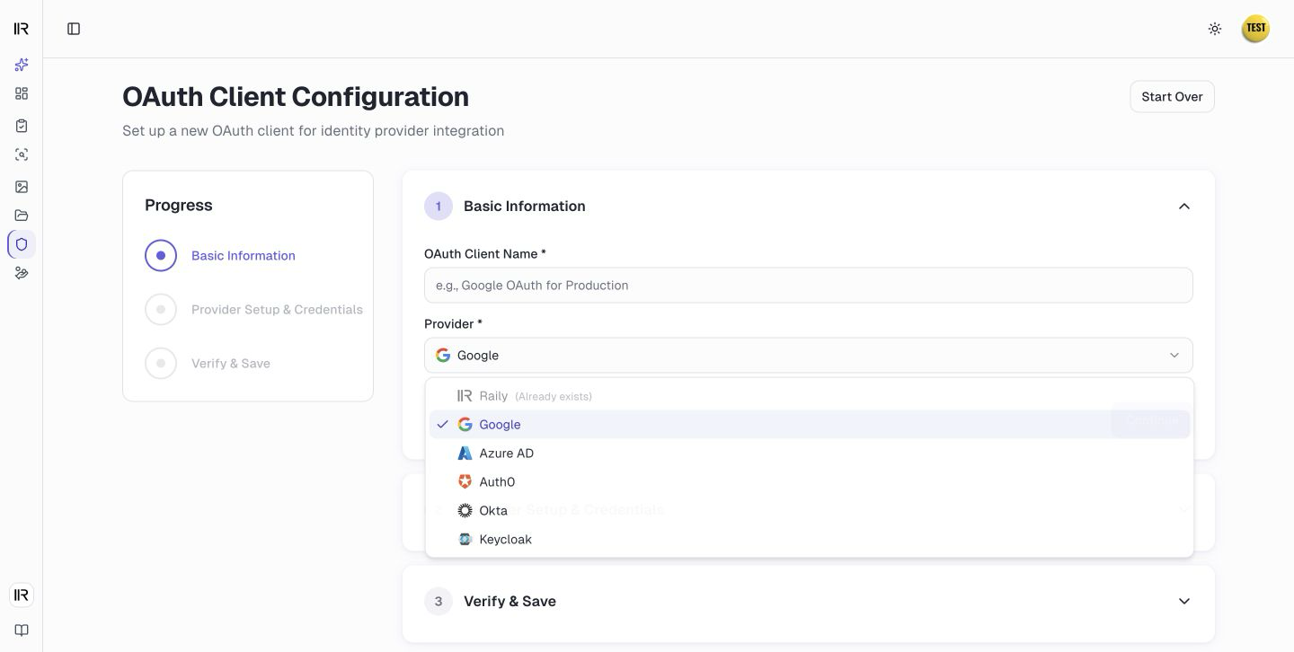 The OAuth client form with the provider list open, showing Raily, Google, Azure AD, Auth0, Okta, and Keycloak