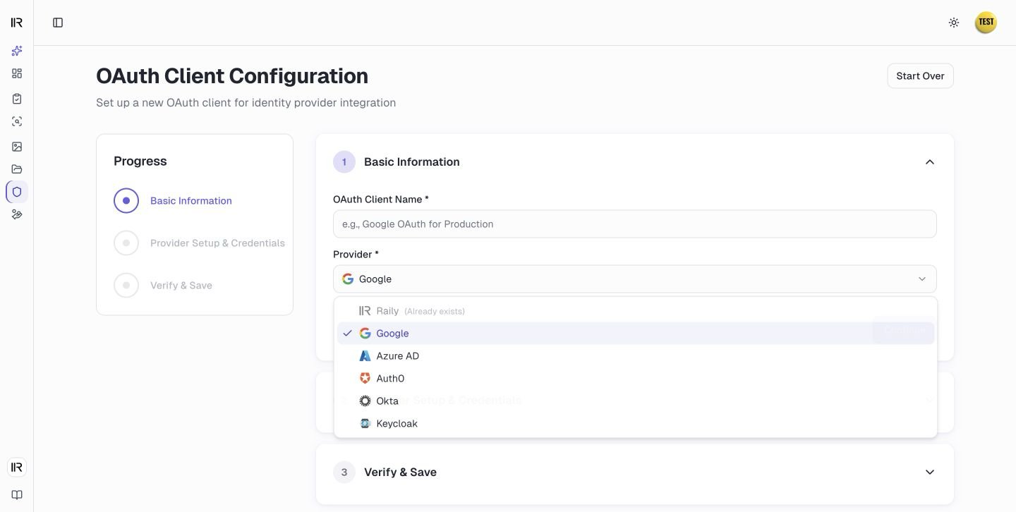 The OAuth client form with the provider list open, showing Raily, Google, Azure AD, Auth0, Okta, and Keycloak