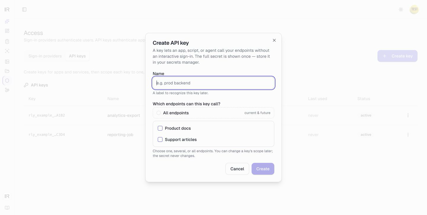 The Create API key dialog, with the All endpoints option and a list of endpoints to scope the key to