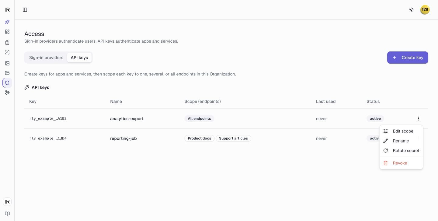 The API keys list, with a row menu showing Edit scope, Rename, Rotate secret, and Revoke