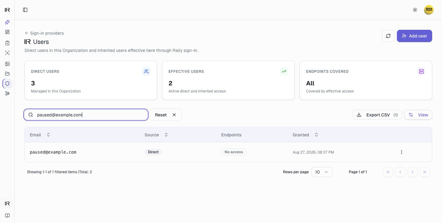 A sign-in's user list filtered to a person whose direct grant has No access