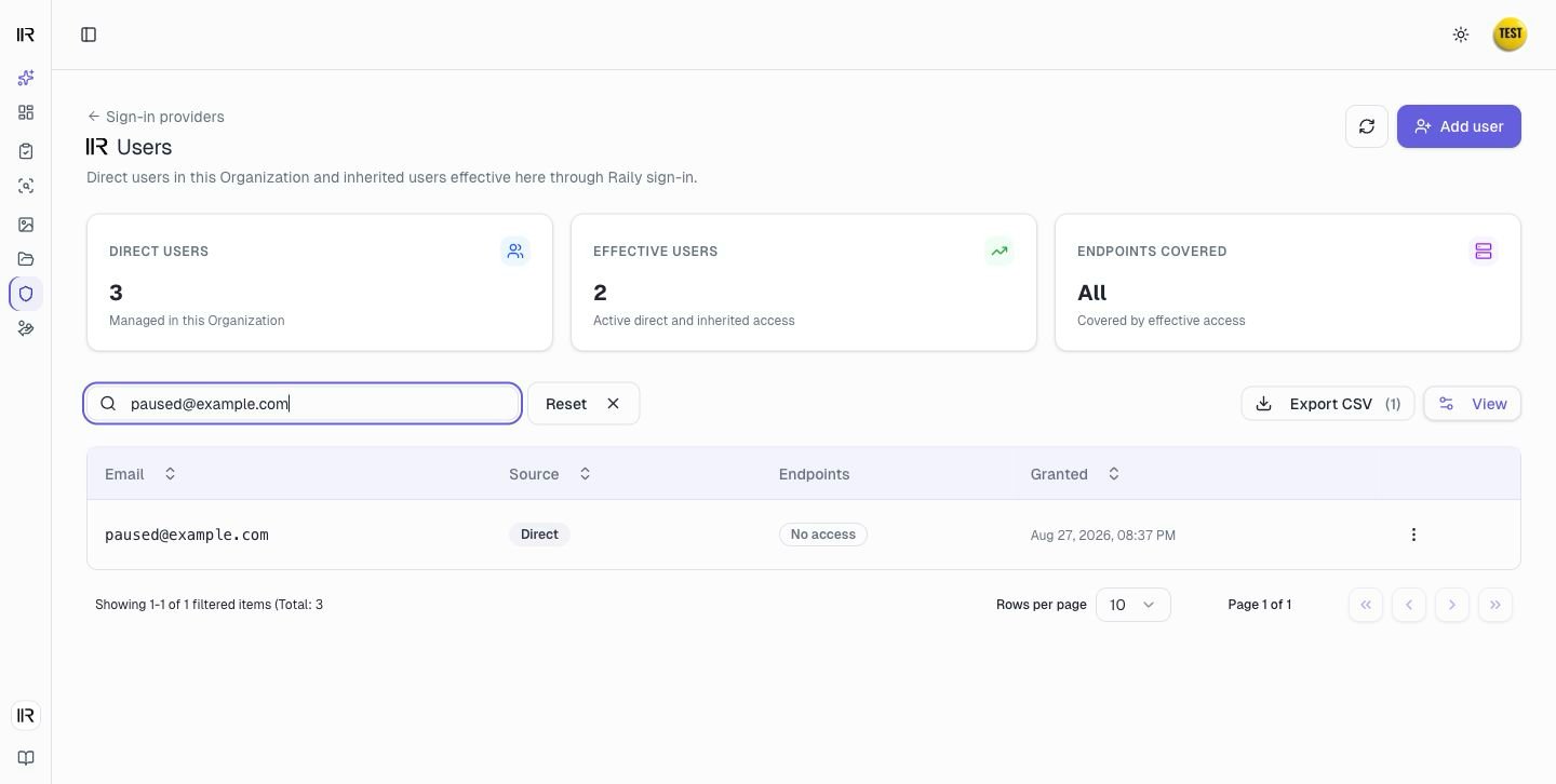 A sign-in's user list filtered to a person whose direct grant has No access