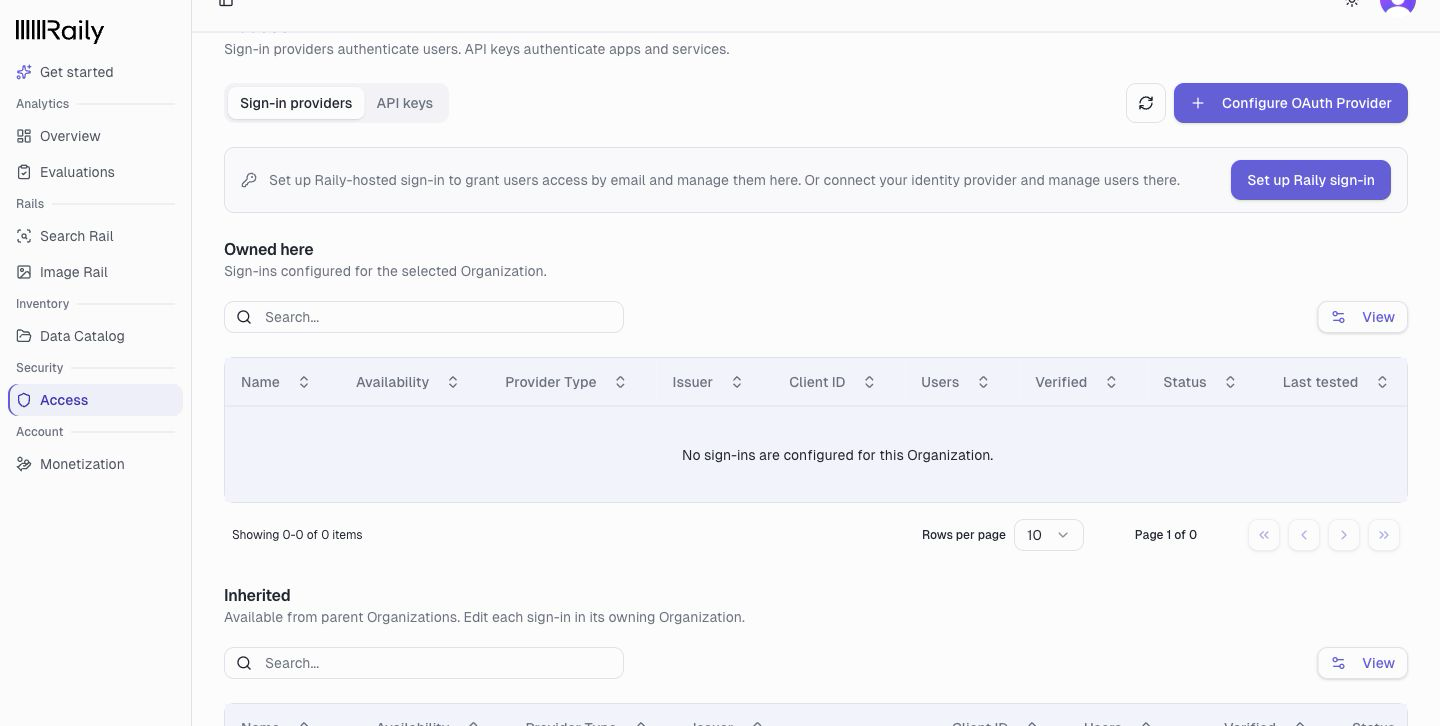 The Sign-in providers page with the Set up Raily sign-in banner