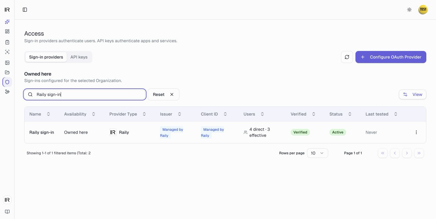 The provider list after Raily sign-in has been set up, showing Verified and Active status