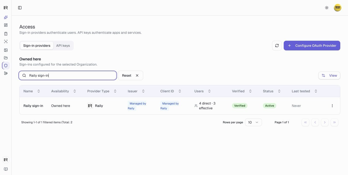 The provider list after Raily sign-in has been set up, showing Verified and Active status