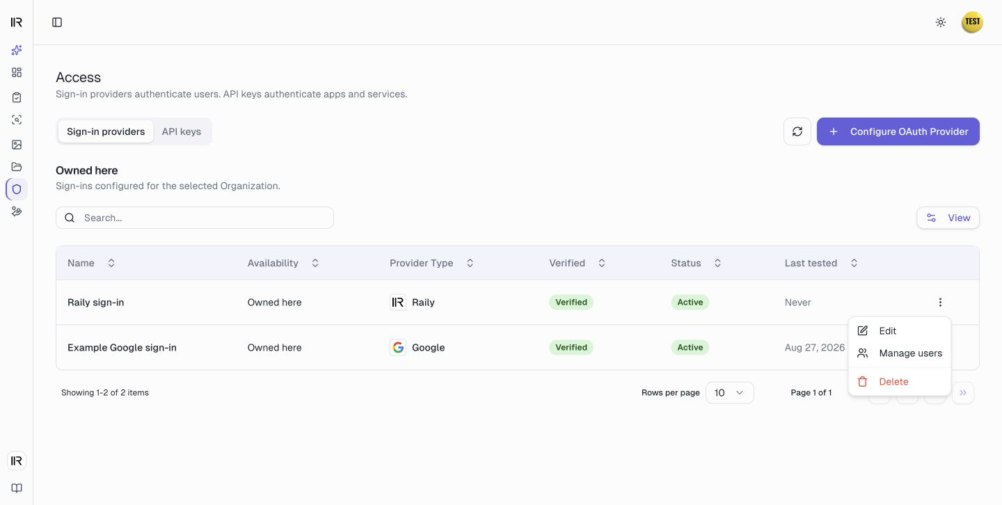 A provider row with its menu open, showing Manage users