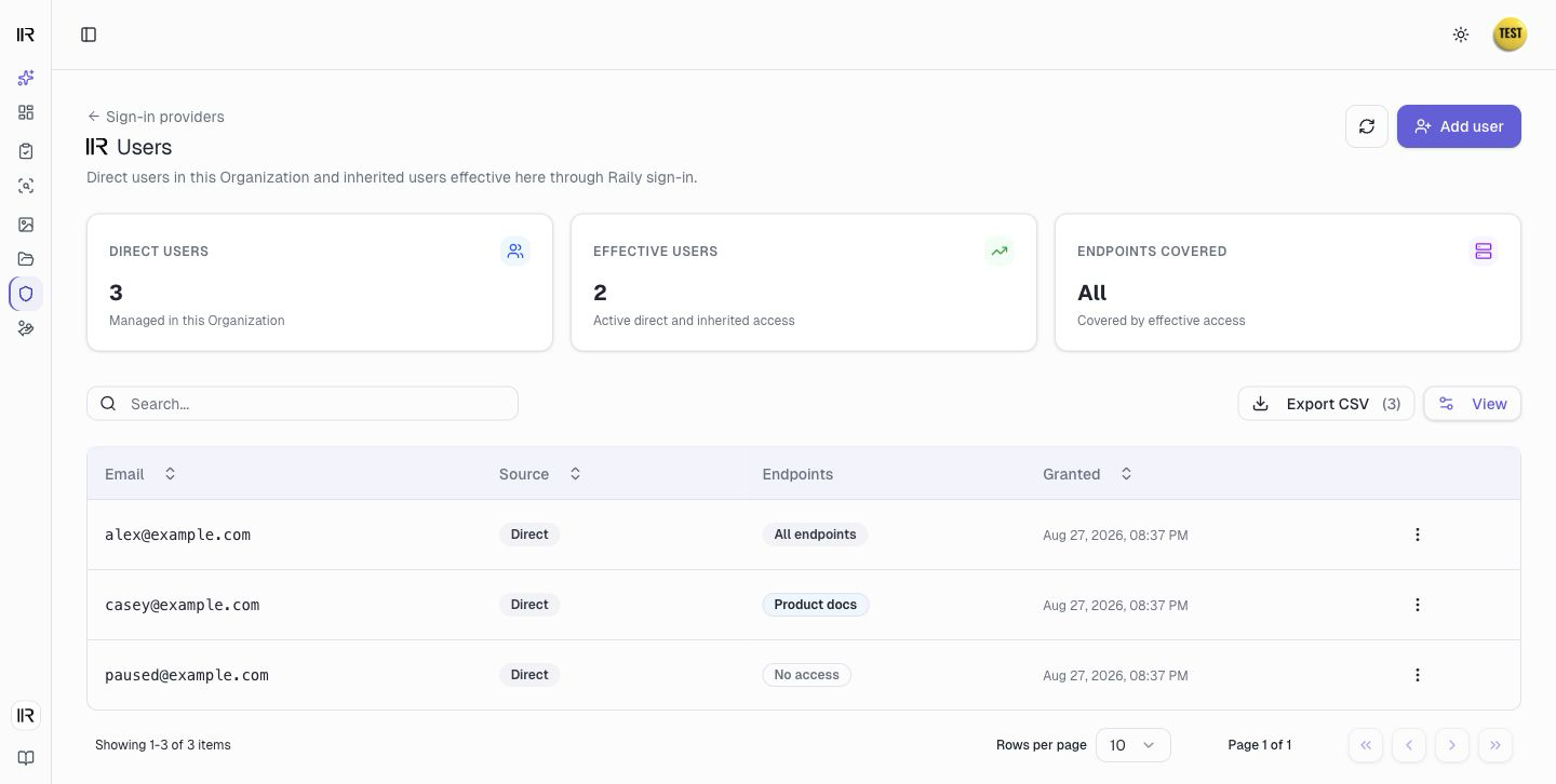 The Users list for a sign-in provider, showing direct users, effective users, and endpoints covered