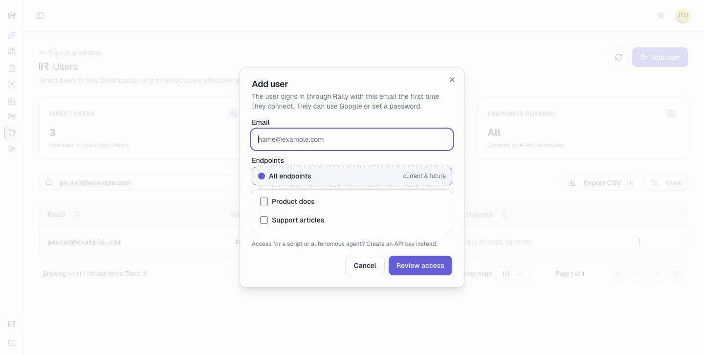 The Add user step of the dialog, with the email field and the endpoint scope picker