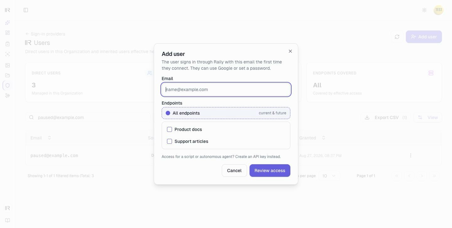 The Add user step of the dialog, with the email field and the endpoint scope picker