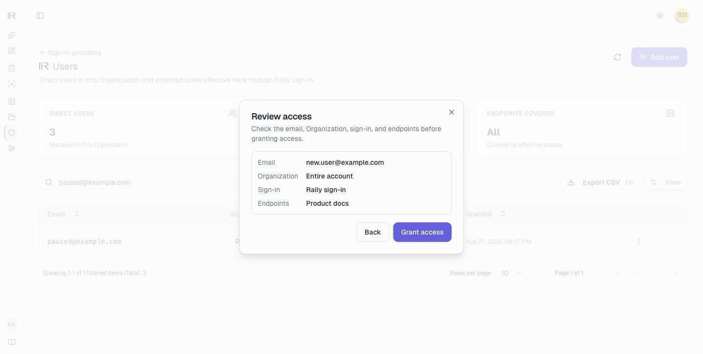 The Review access step, summarizing email, Organization, sign-in, and the granted endpoint