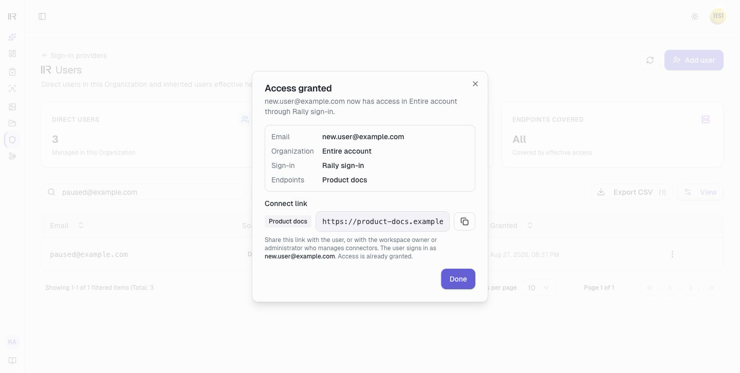 The Access granted step, showing the connect link for the granted endpoint