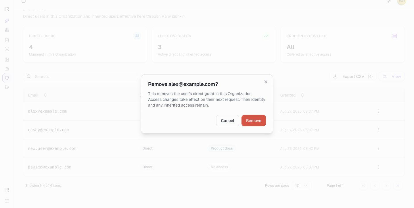 The remove confirmation dialog, warning that access ends on the next request