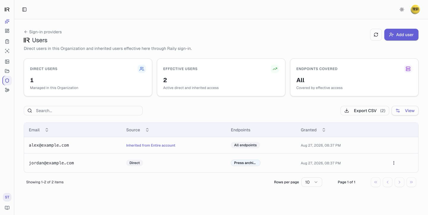 A child Organization's Users list with one user inherited from Entire account and one direct user