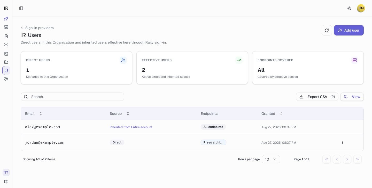 A child Organization's Users list with one user inherited from Entire account and one direct user