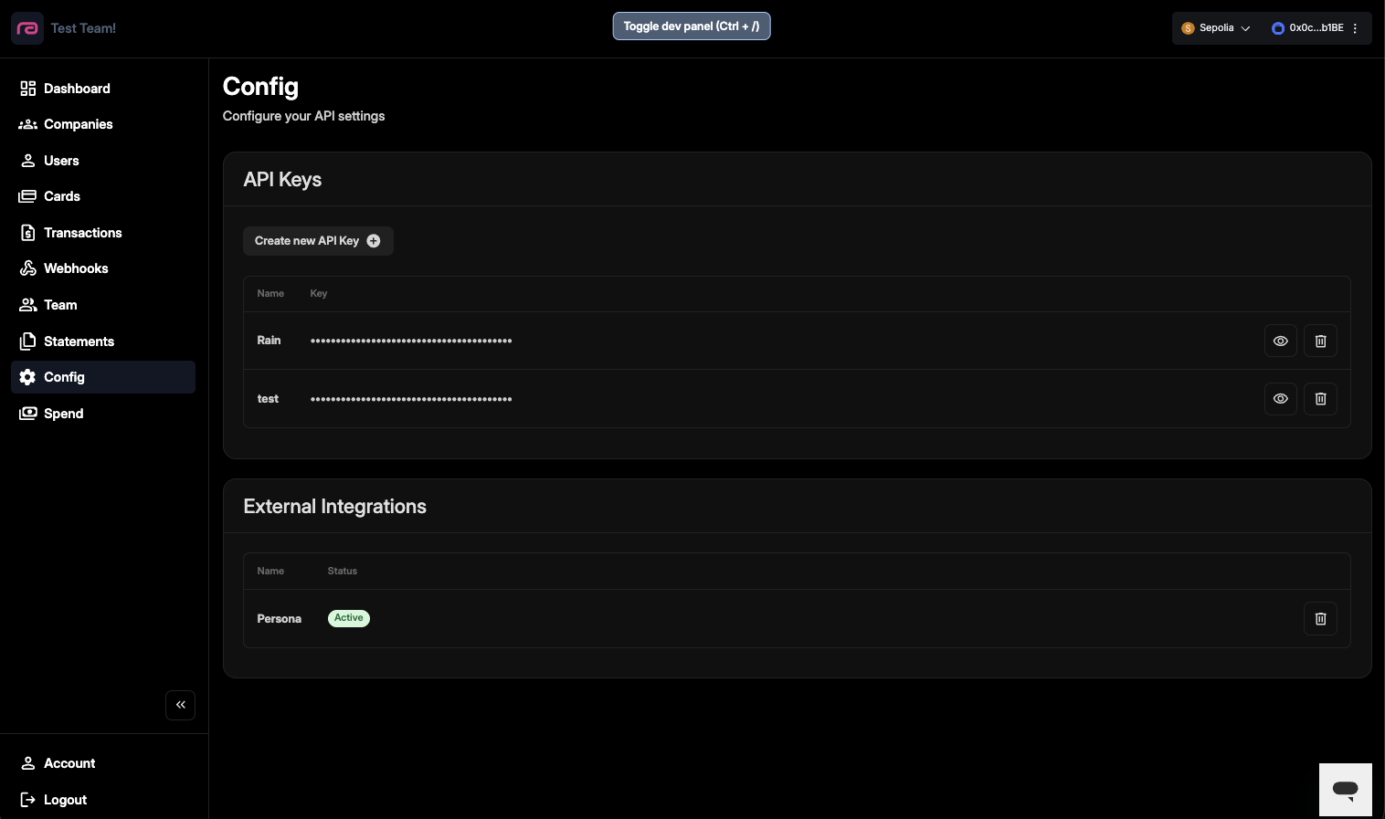 Compliance providers listed under External integrations in the Rain developer dashboard
