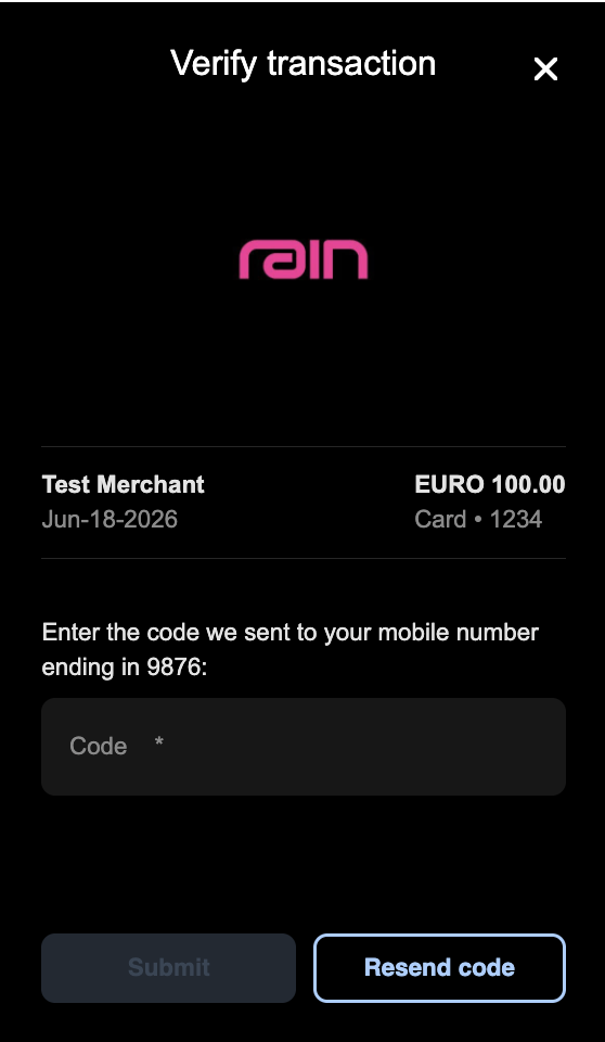 Challenge screen showing merchant and amount, with a field to enter the code sent to the cardholder's mobile number