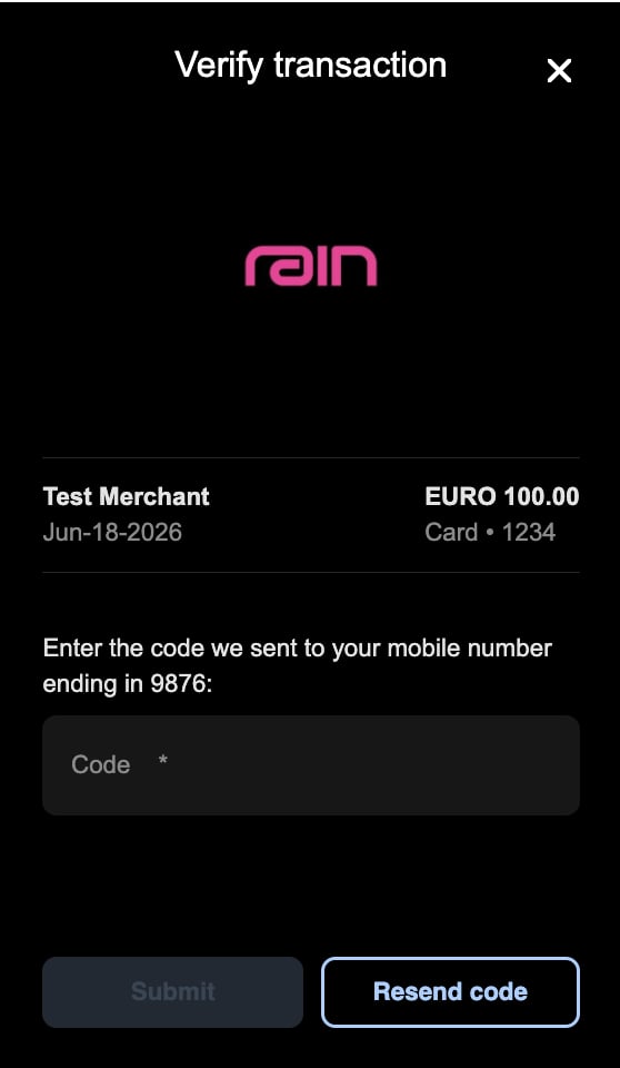 Challenge screen showing merchant and amount, with a field to enter the code sent to the cardholder's mobile number