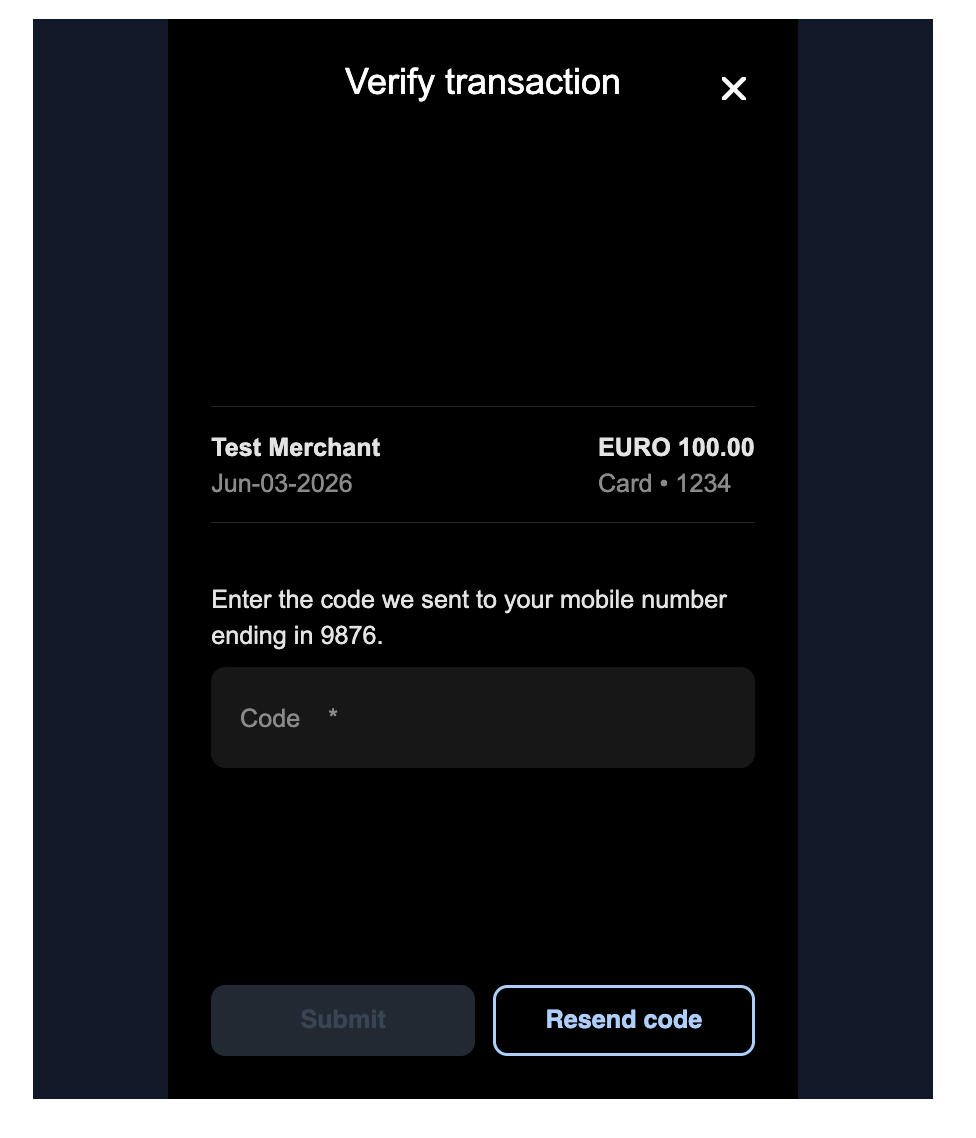 Challenge screen template showing merchant, amount, and an OTP input field with Submit and Resend code buttons