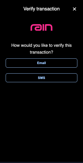Choice screen asking how the cardholder would like to verify the transaction, with Email and SMS options