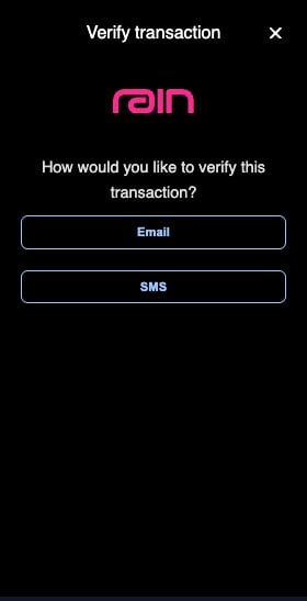 Choice screen asking how the cardholder would like to verify the transaction, with Email and SMS options
