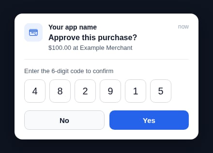 In-app notification showing a 6-digit verification code entry field, with No and Yes buttons