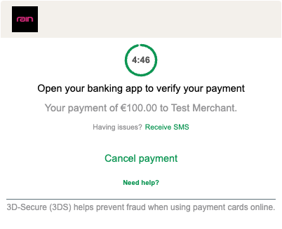Challenge screen prompting the cardholder to open their banking app to verify the payment, with a countdown timer