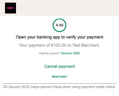 Challenge screen prompting the cardholder to open their banking app to verify the payment, with a countdown timer