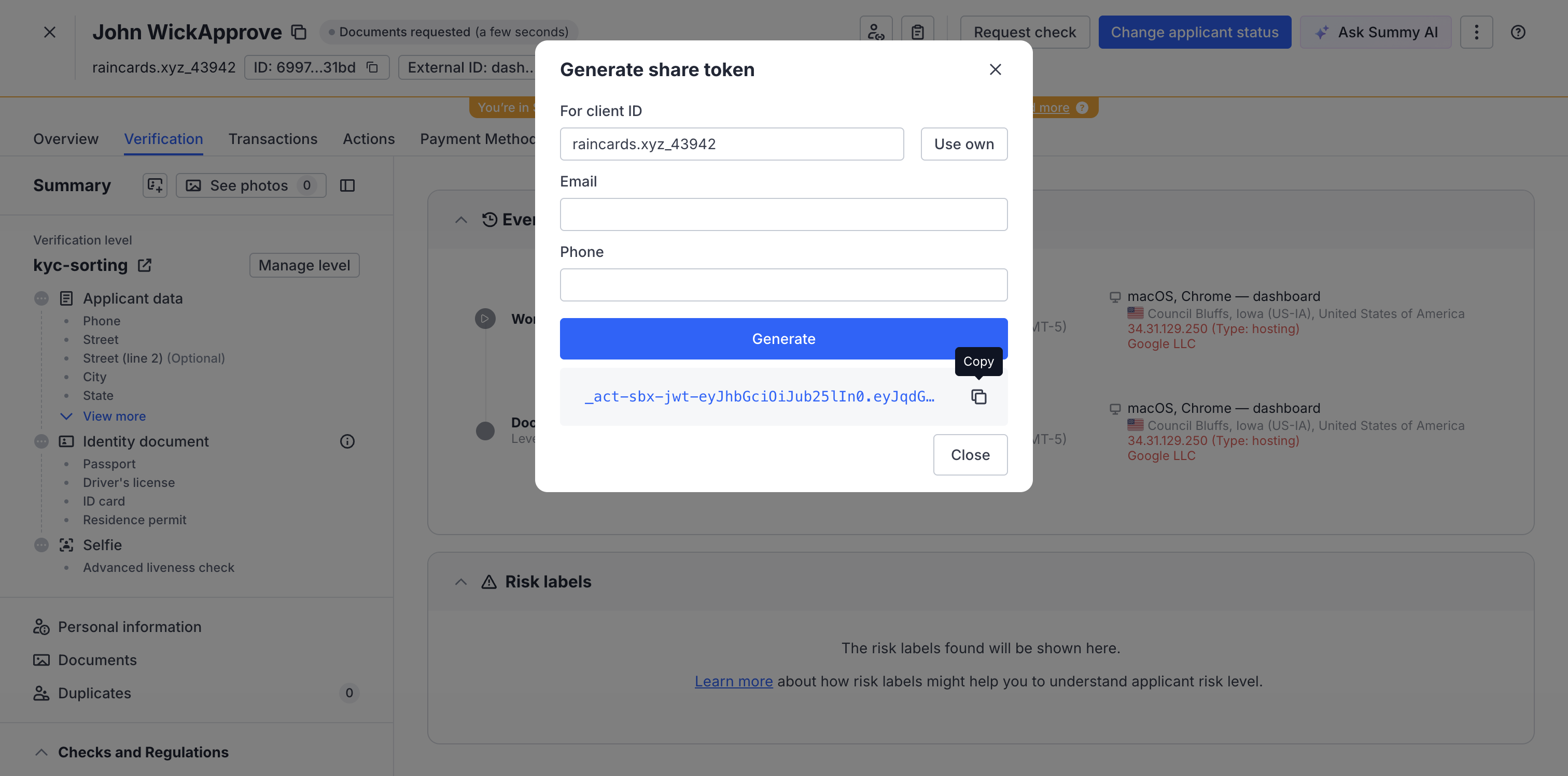 Generated share token dialog