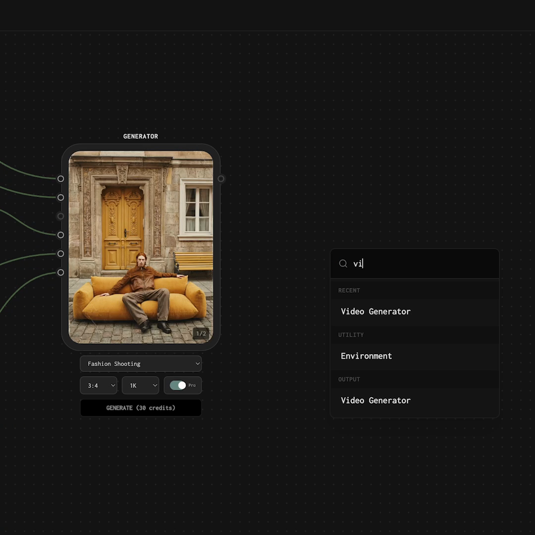 Image Generator node showing credit cost and search to add a Video Generator