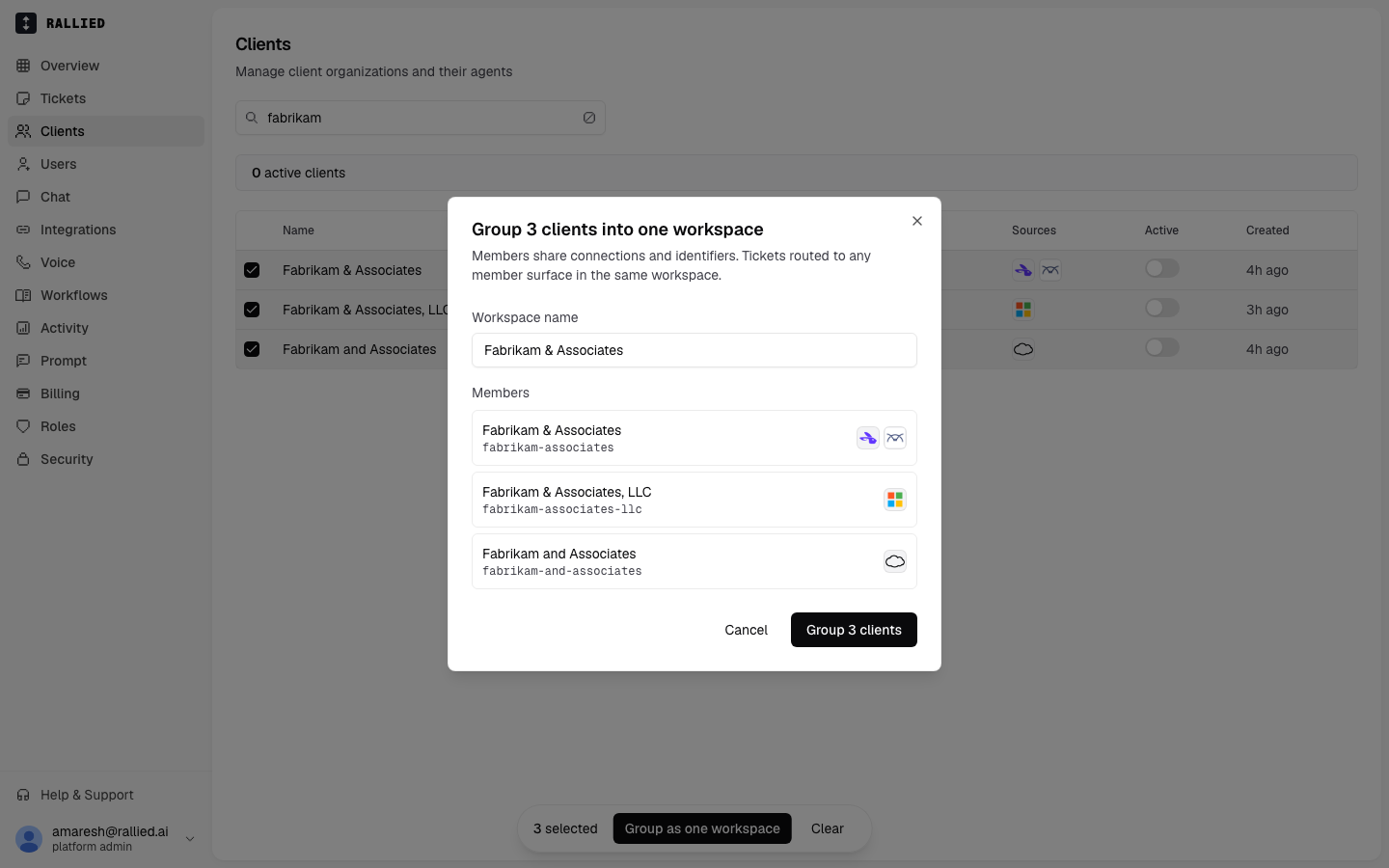 The grouping dialog with a workspace name field and the selected members listed below it