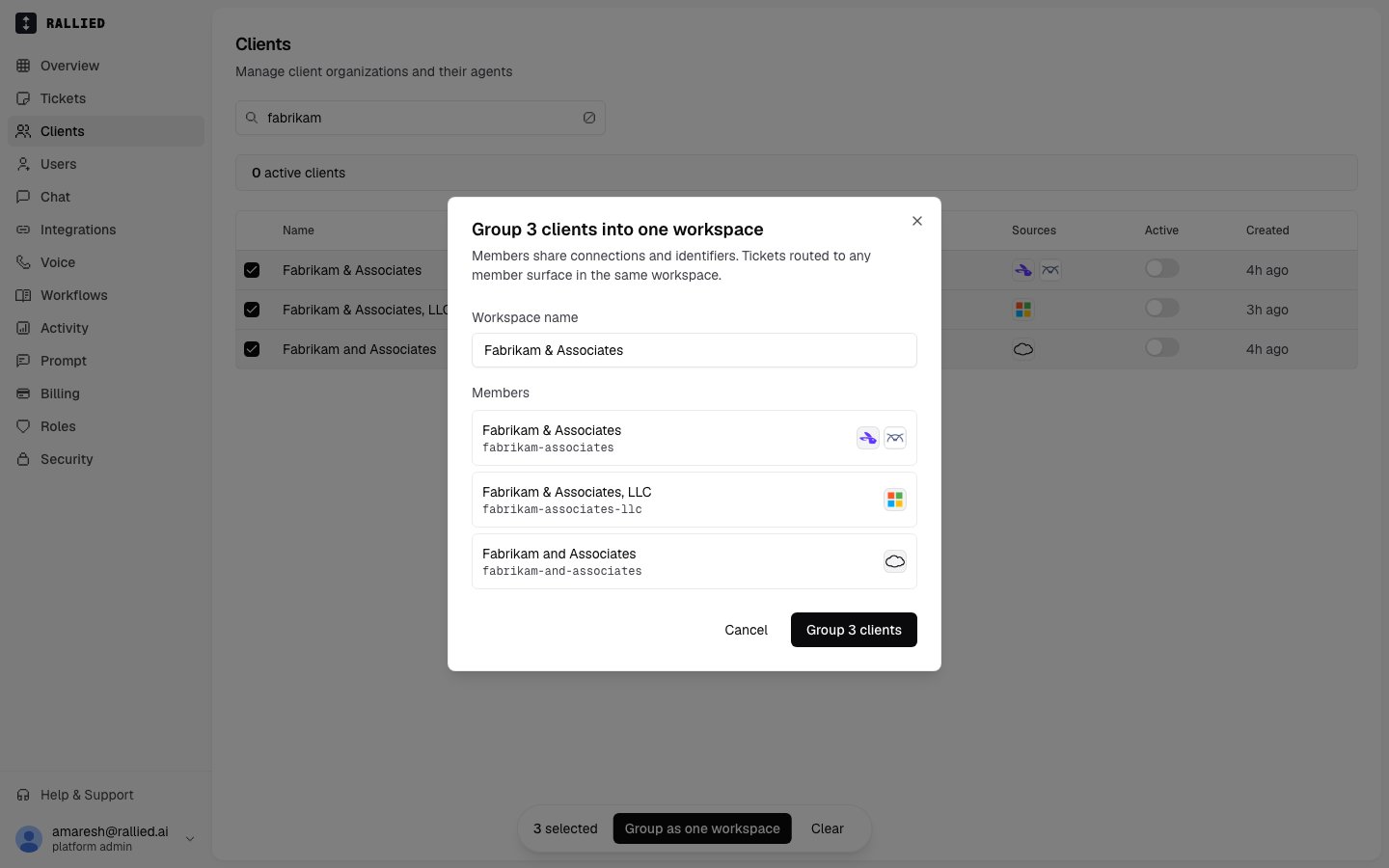 The grouping dialog with a workspace name field and the selected members listed below it