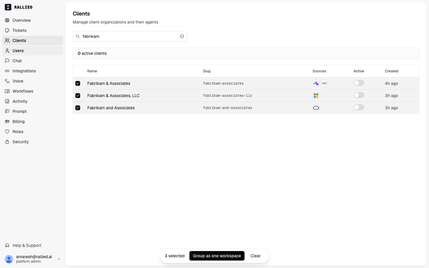 Three duplicate client rows (the same company synced from Hudu and ConnectWise, Microsoft 365, and Pax8) selected, with the "Group as one workspace" action bar at the bottom of the list