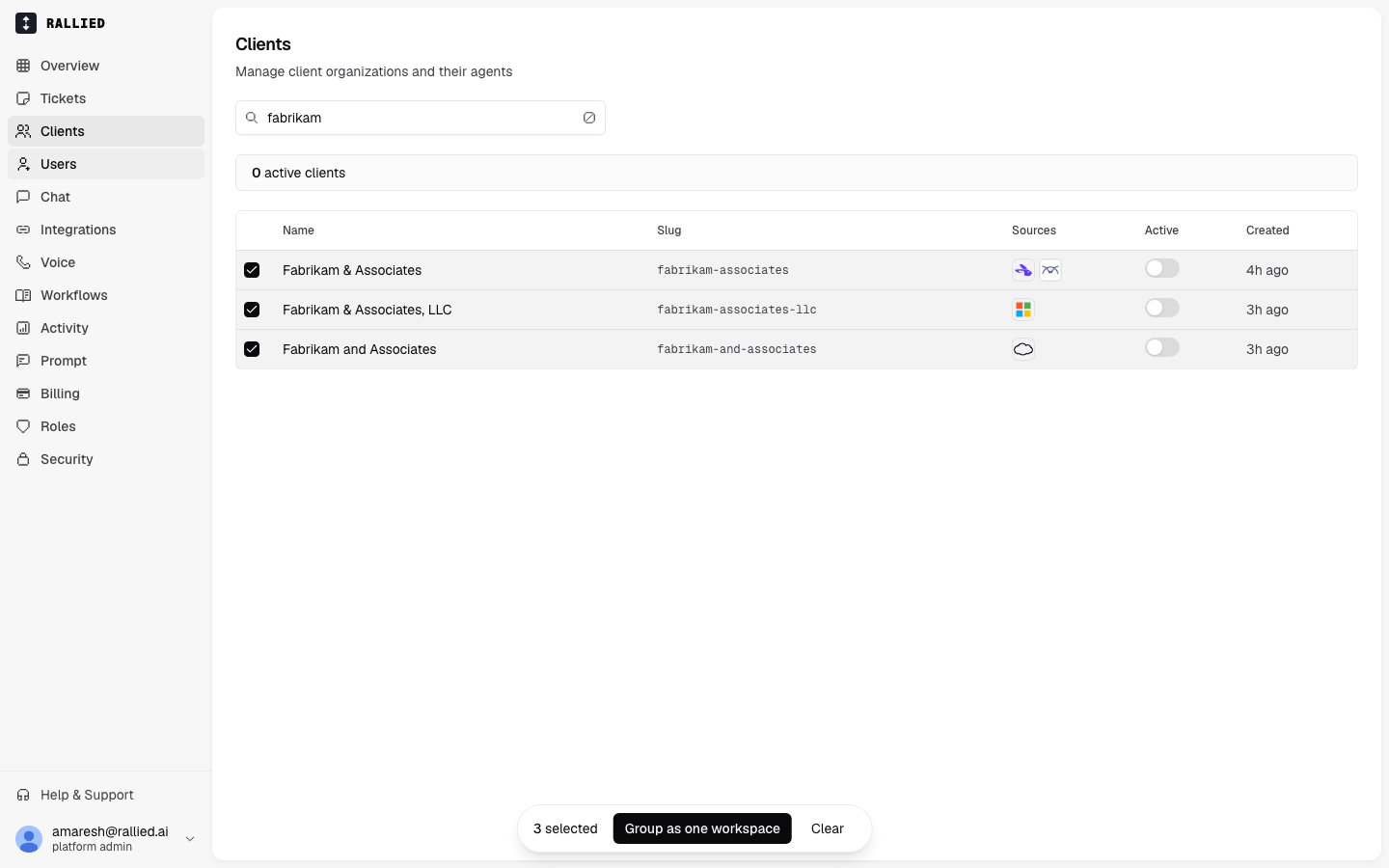 Three duplicate client rows (the same company synced from Hudu and ConnectWise, Microsoft 365, and Pax8) selected, with the "Group as one workspace" action bar at the bottom of the list