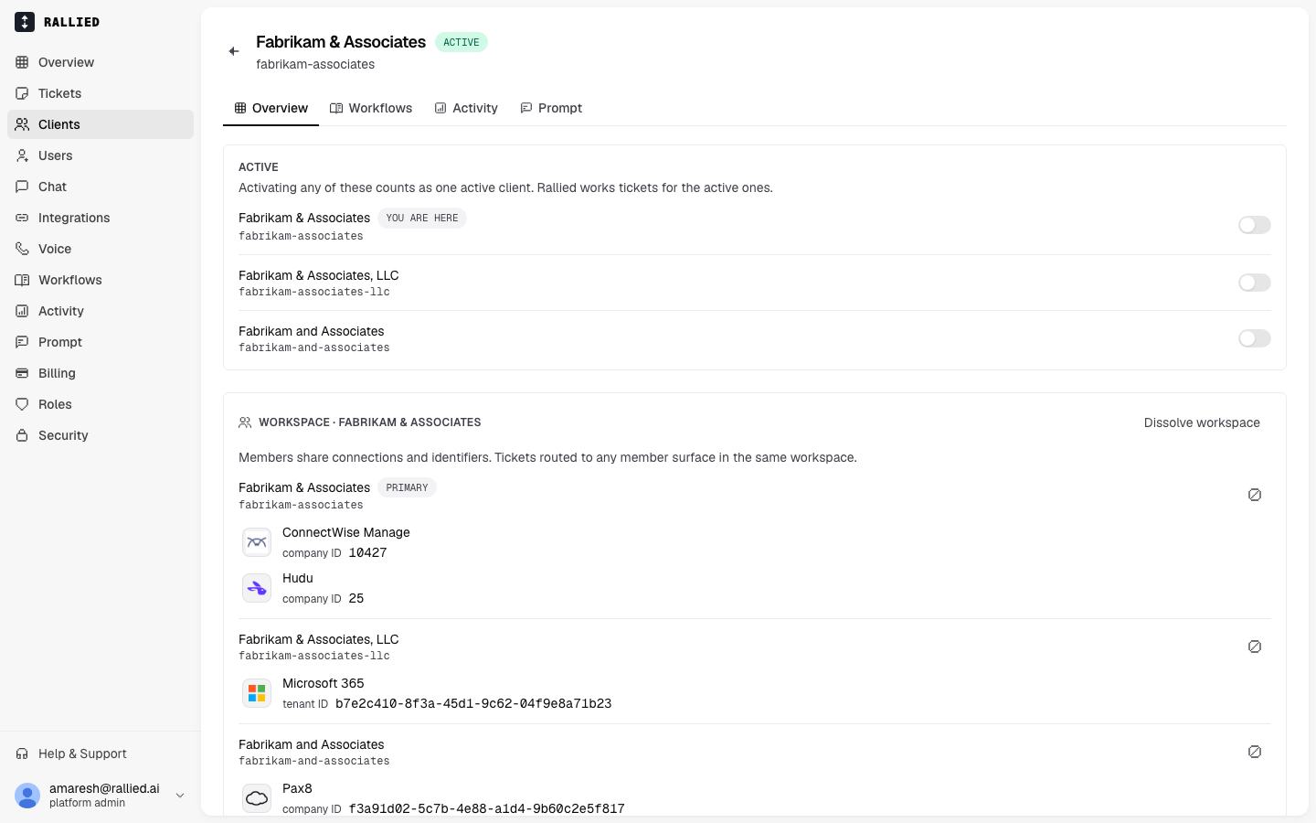 A workspace's Overview tab showing the Workspace section with all three members, their identifiers in ConnectWise, Hudu, Microsoft 365, and Pax8, and the Dissolve workspace action