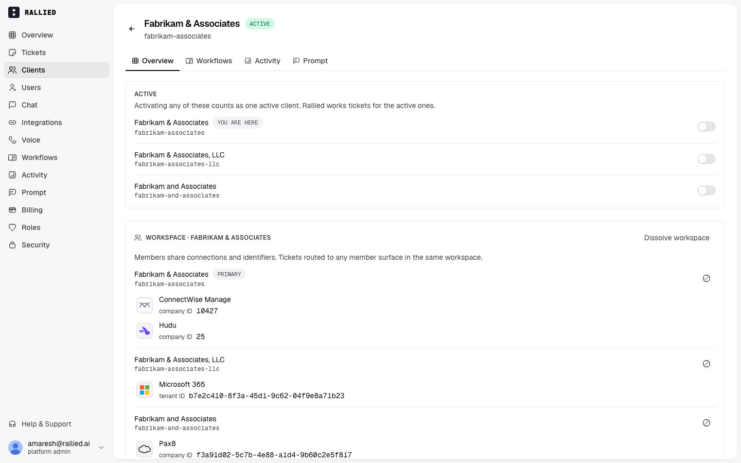 A workspace's Overview tab showing the Workspace section with all three members, their identifiers in ConnectWise, Hudu, Microsoft 365, and Pax8, and the Dissolve workspace action