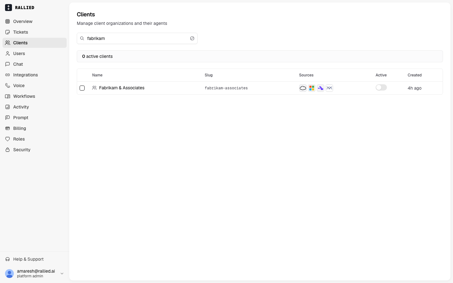 The Clients list after grouping: one workspace row, with a source logo for every connected system, where there used to be three duplicates