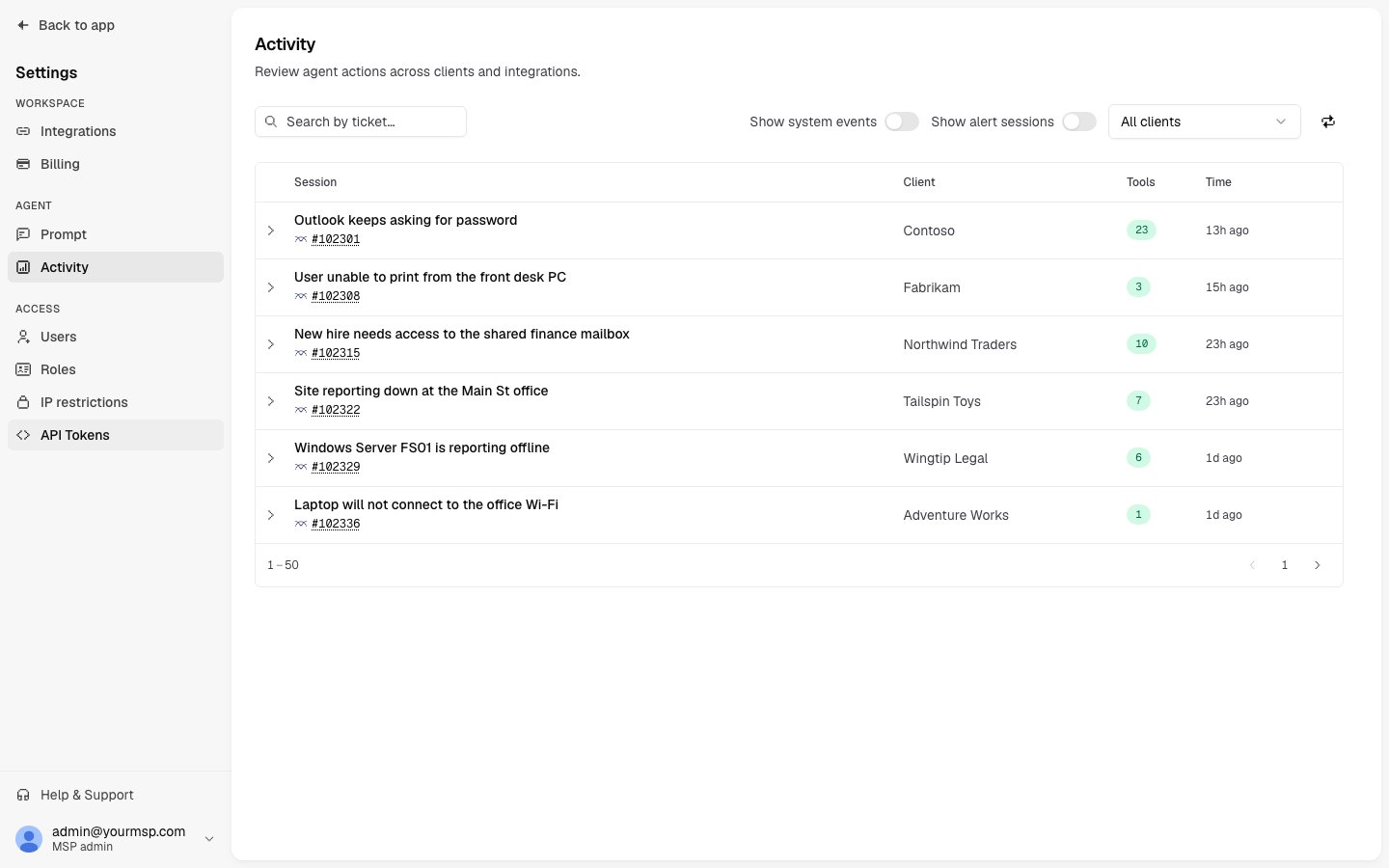 The MSP-wide Activity view under Settings listing recent agent sessions across clients