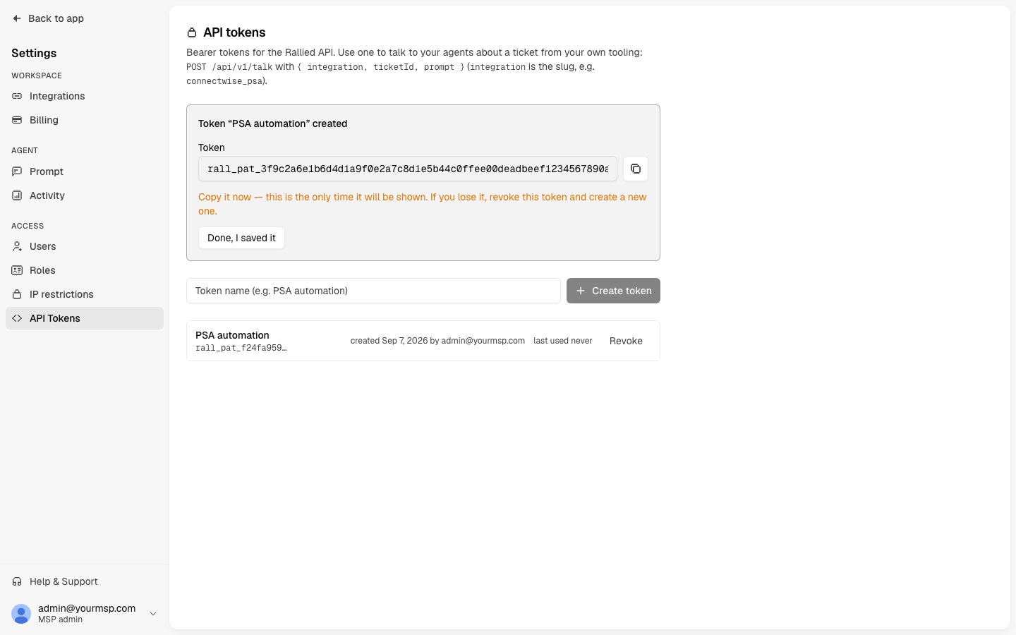 The API Tokens page showing a newly created token with the Done, I saved it button