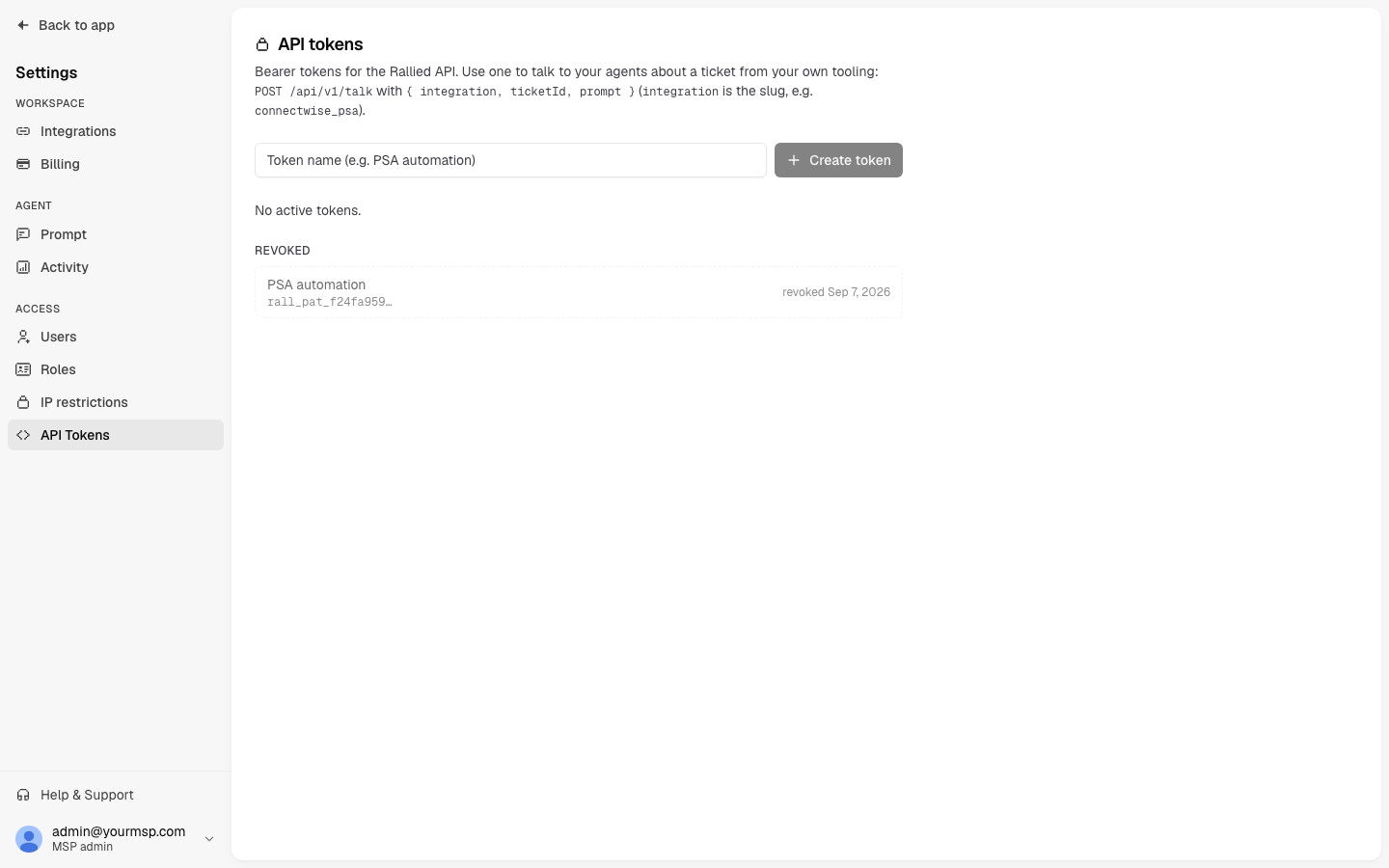 The API Tokens page after revoking, with the token listed under Revoked
